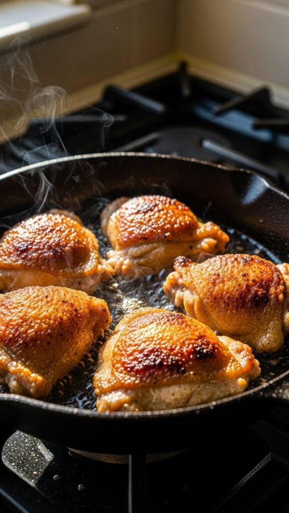 chicken thighs sizzling