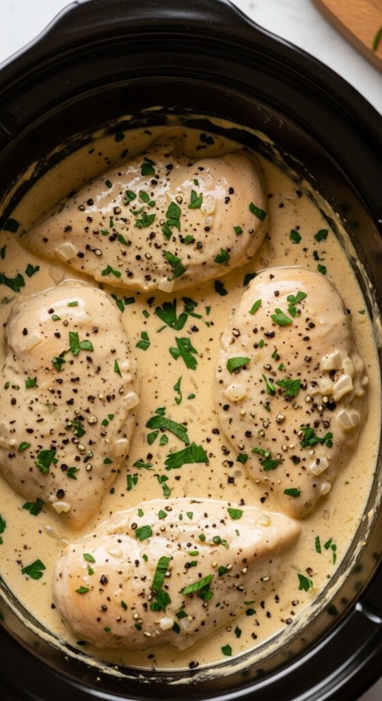 creamy garlic chicken in a slow cooker