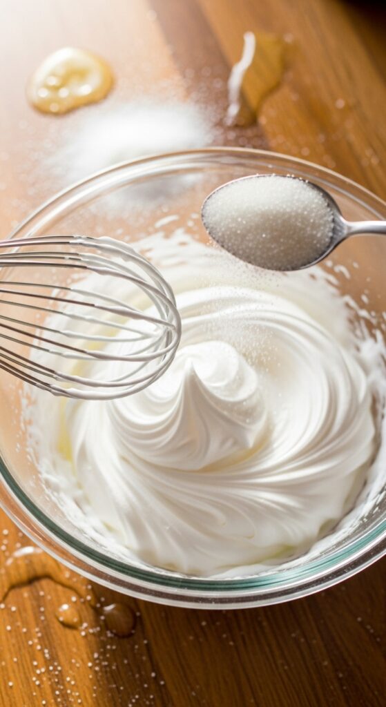 egg whites being whipped in a glass bowl with sugar being added slowly