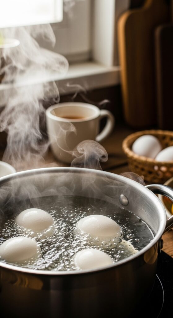 eggs gently boiling in a pot