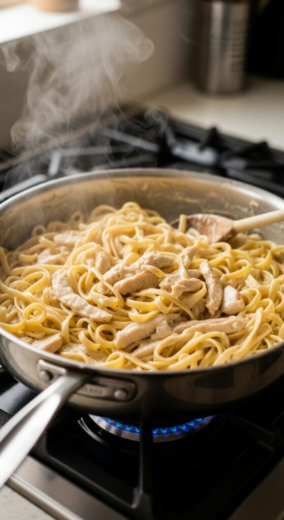 fettuccine tossed with Alfredo sauce 
