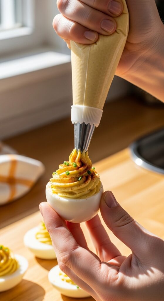 filling deviled eggs with a spoon or piping bag