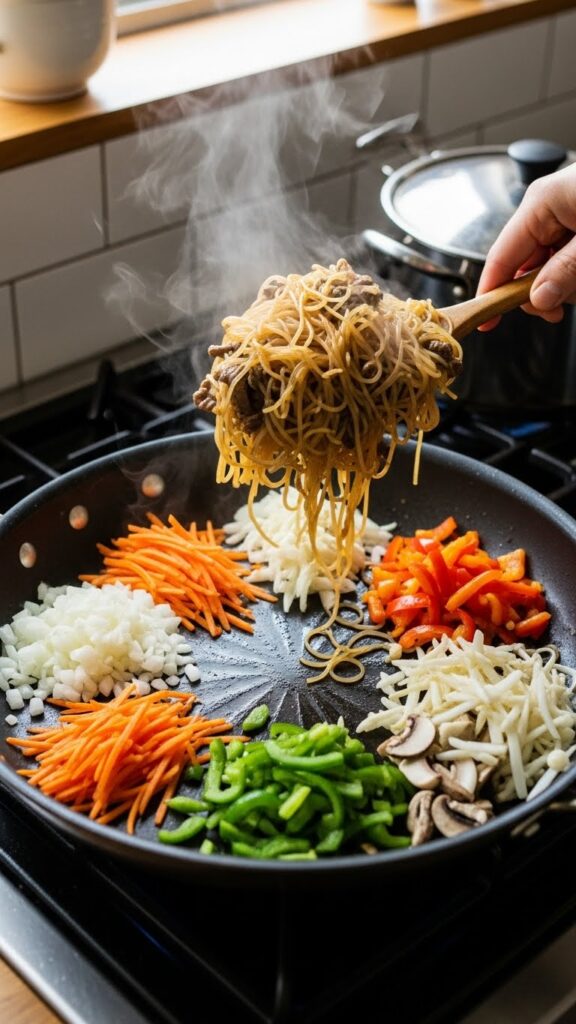 japchae being mixed