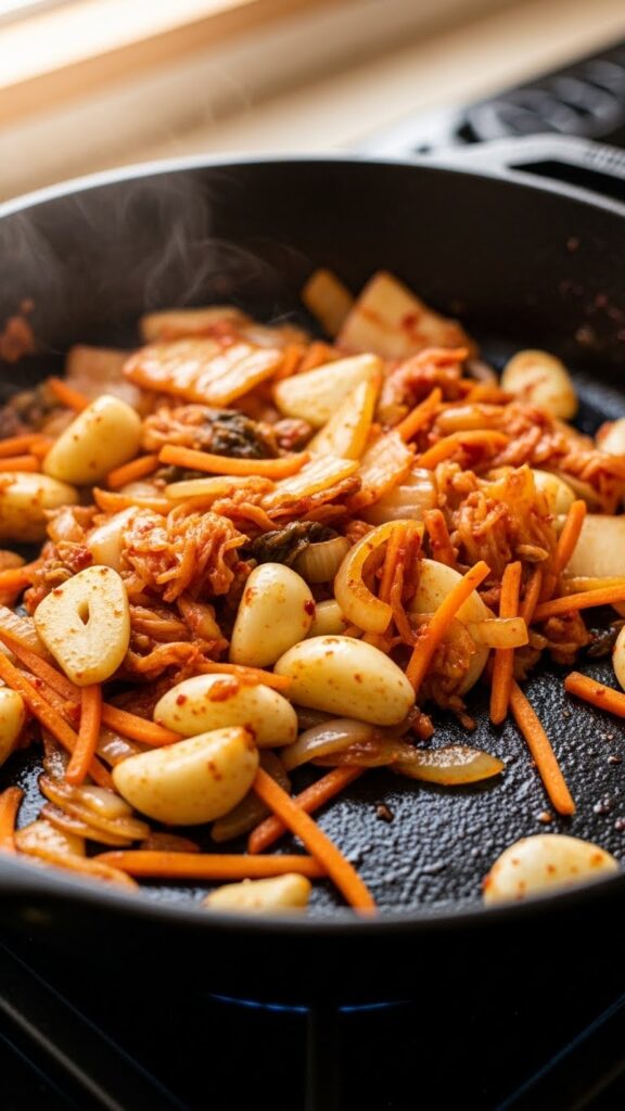 kimchi, garlic, onions, and carrots