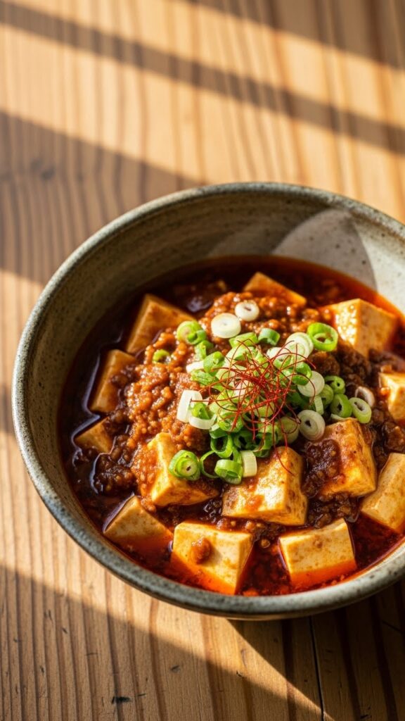mapo tofu in a rustic bowl, sauce