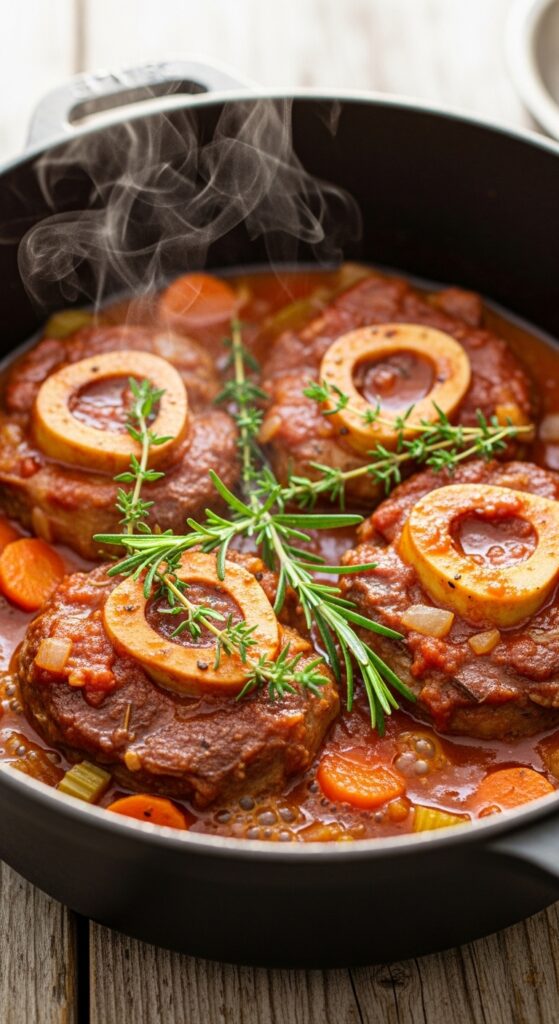 osso buco simmering in a pot