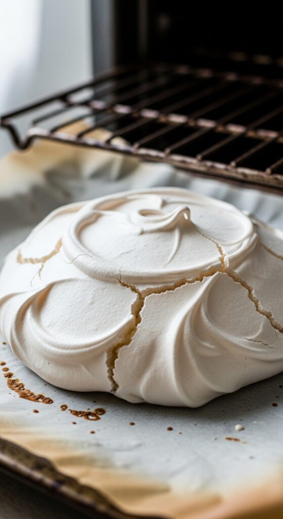 perfectly baked pavlova cooling on a baking sheet