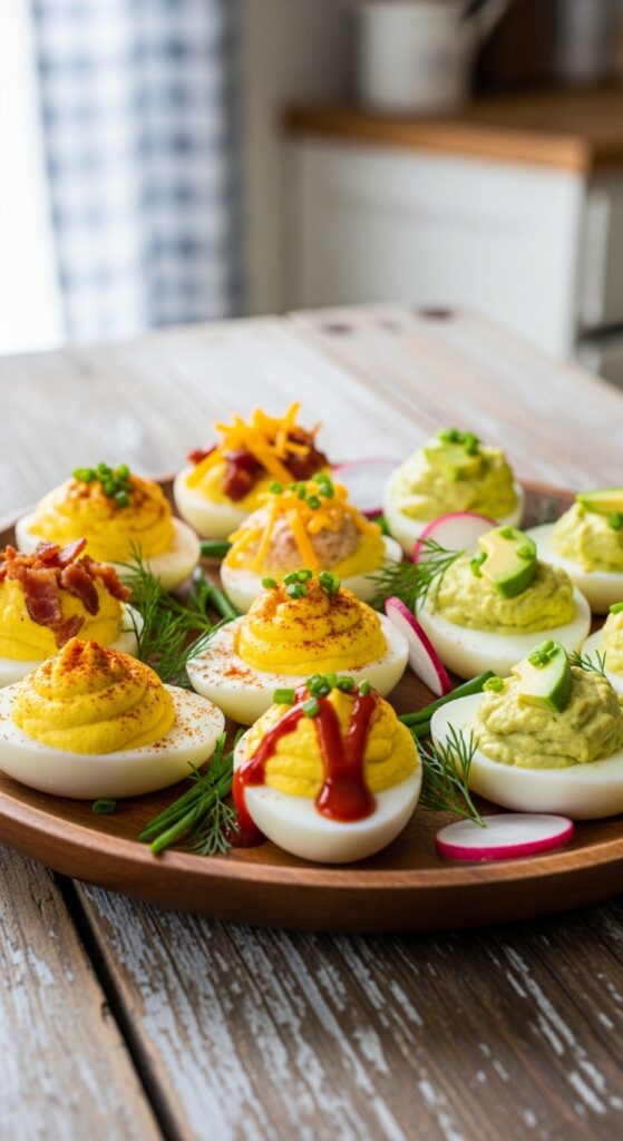 platter featuring multiple deviled egg variations