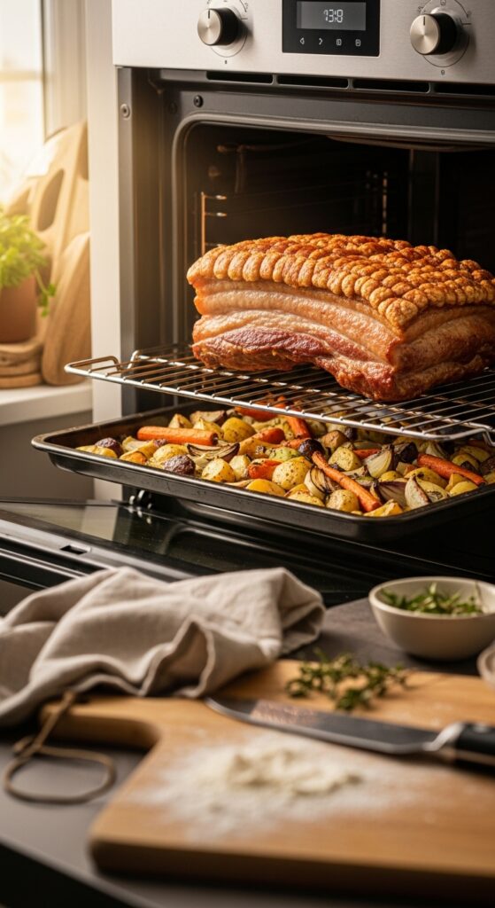  pork belly roasting in a home oven