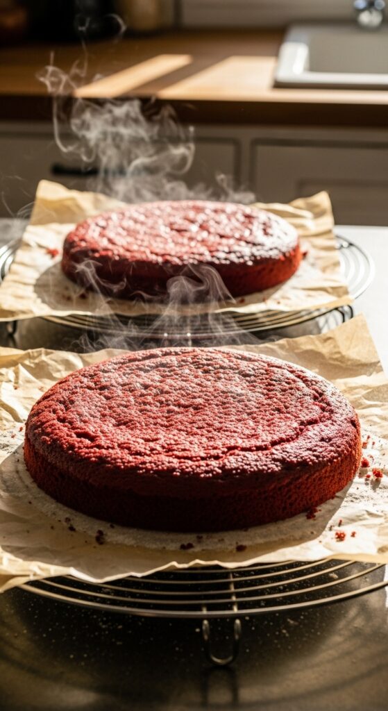 red velvet cake layers cooling
