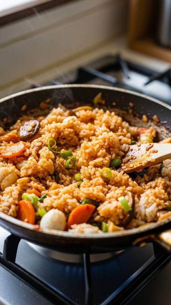 rice being mixed with sautéed kimchi and vegetables