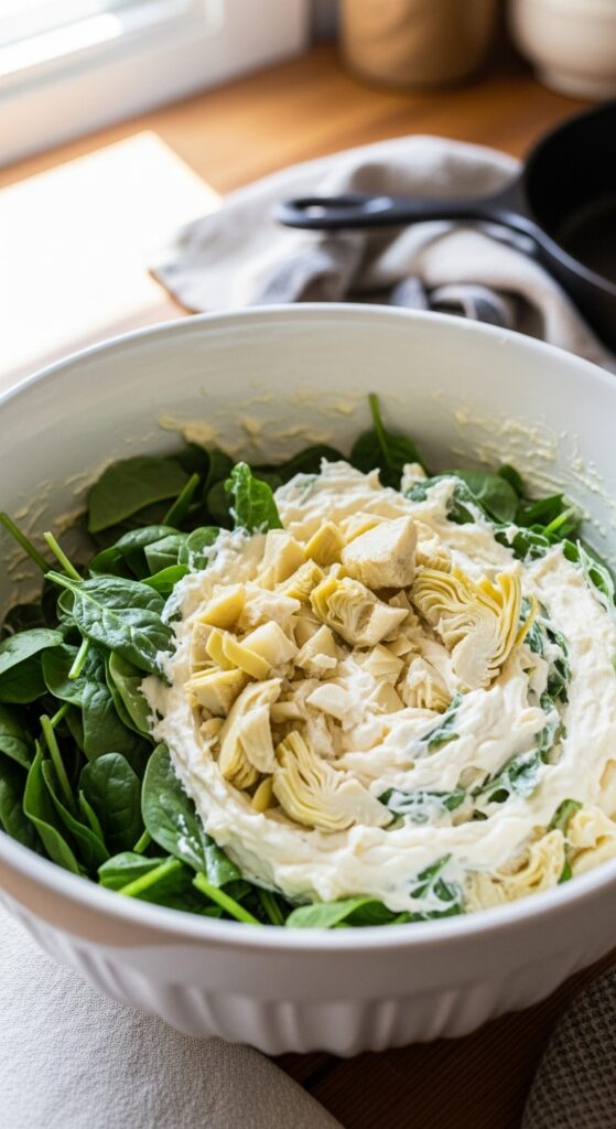 spinach and chopped artichokes being folded into the creamy cheese mixture