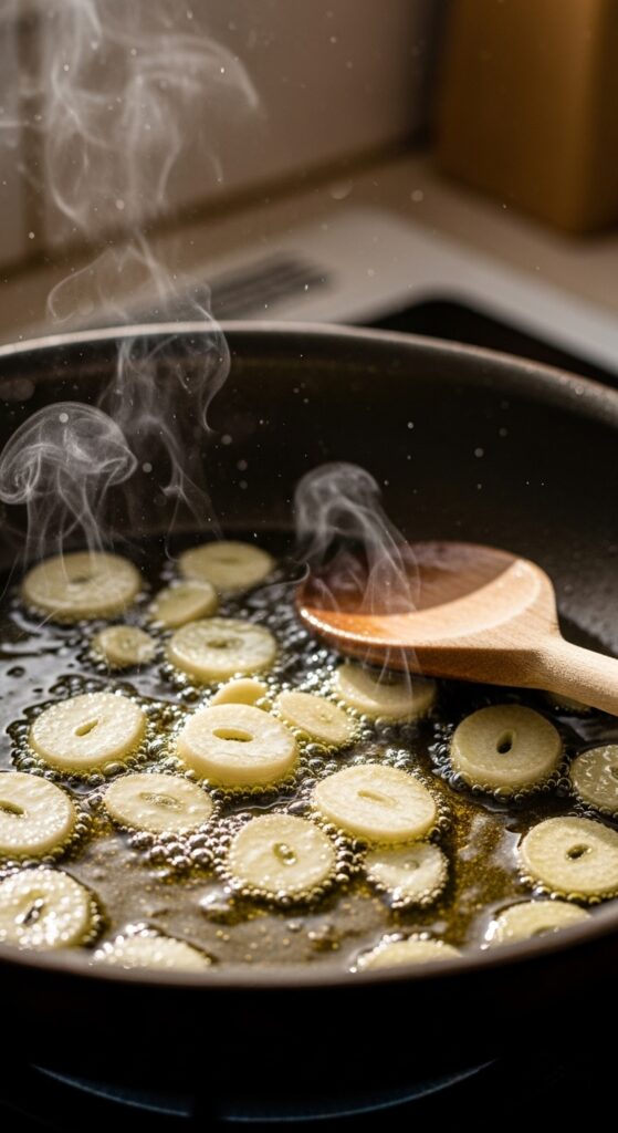 thin garlic slices gently sizzling