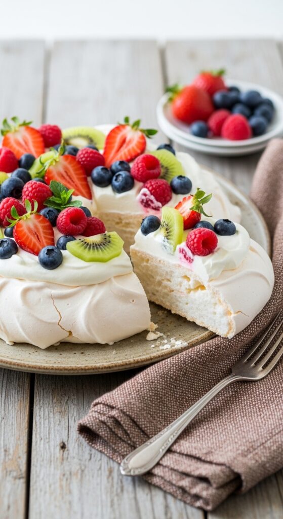 whole pavlova served on a rustic ceramic platter