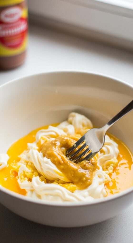 yolks being mashed in a bowl with mayonnaise and mustard