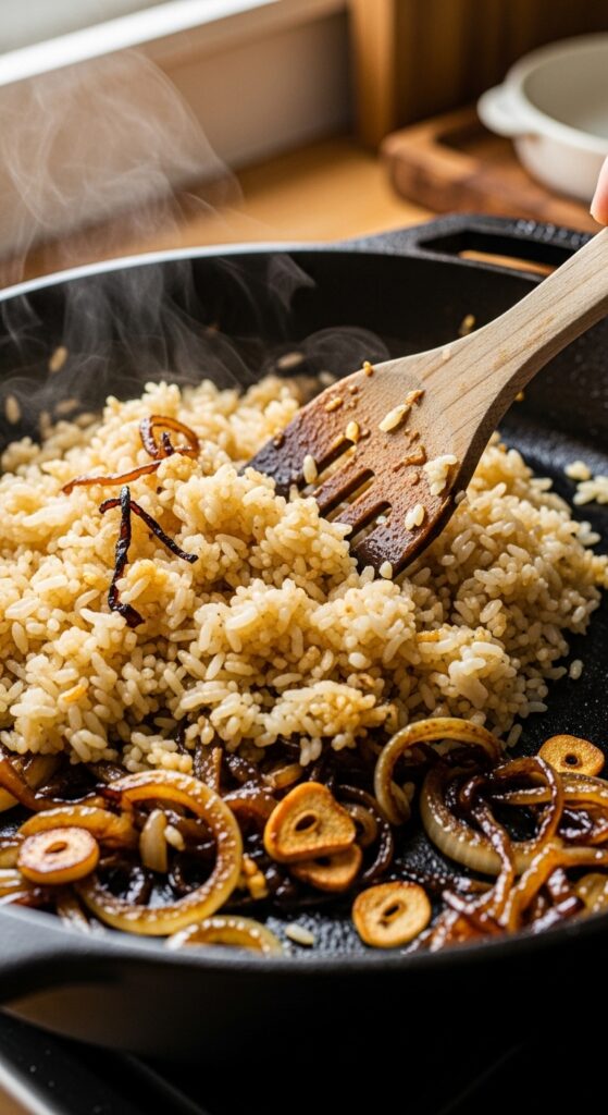 Adding Rice and Garlic to Pan