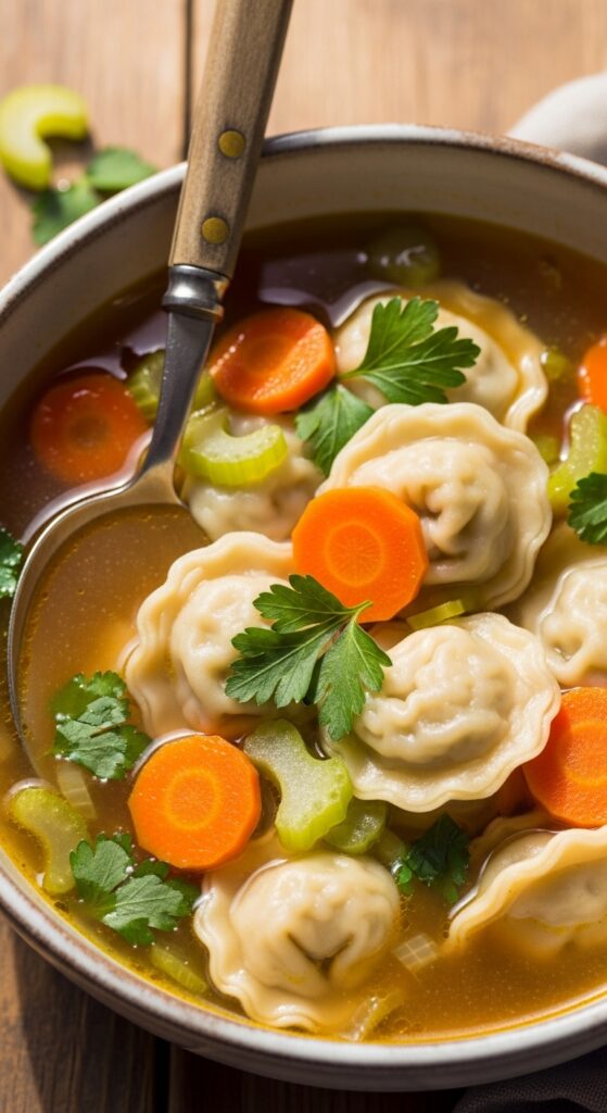 Bowl of Homemade Dumpling Soup Ready to Eat