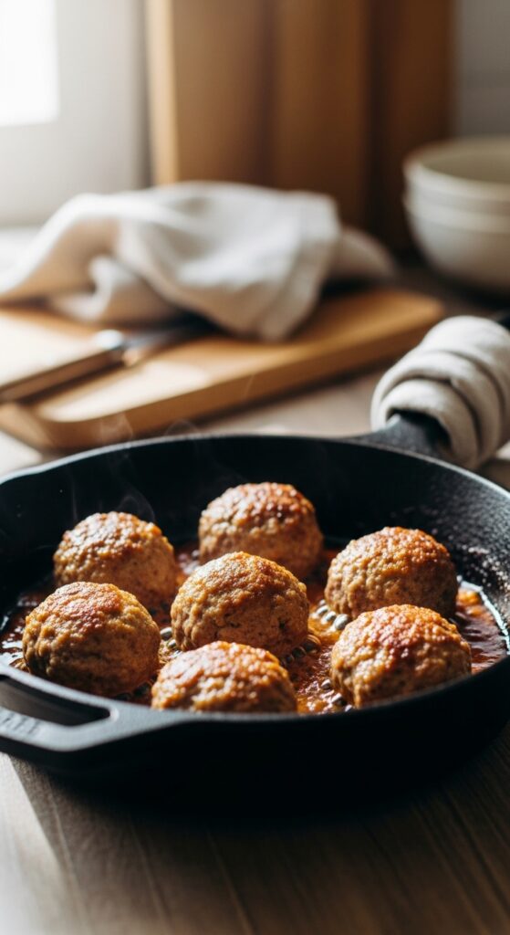 Browning Meatballs in Skillet at Home