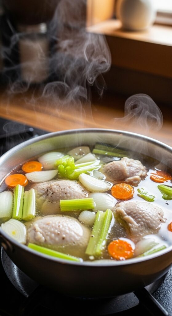 Chicken Simmering in Homemade Broth