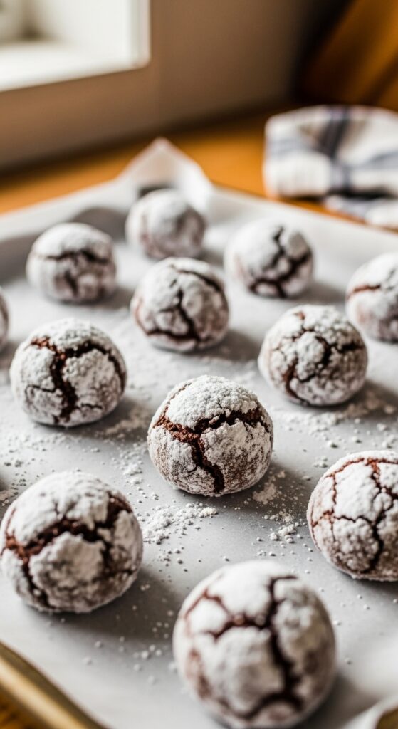 Chocolate Crinkle Cookies on Baking Sheet Before Oven