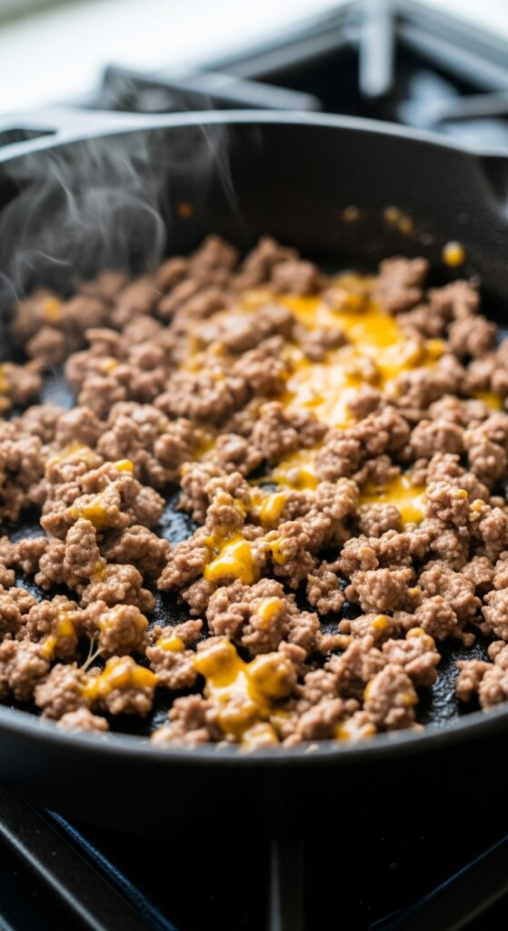 Chopped Beef and Melted Cheese in Home Skillet
