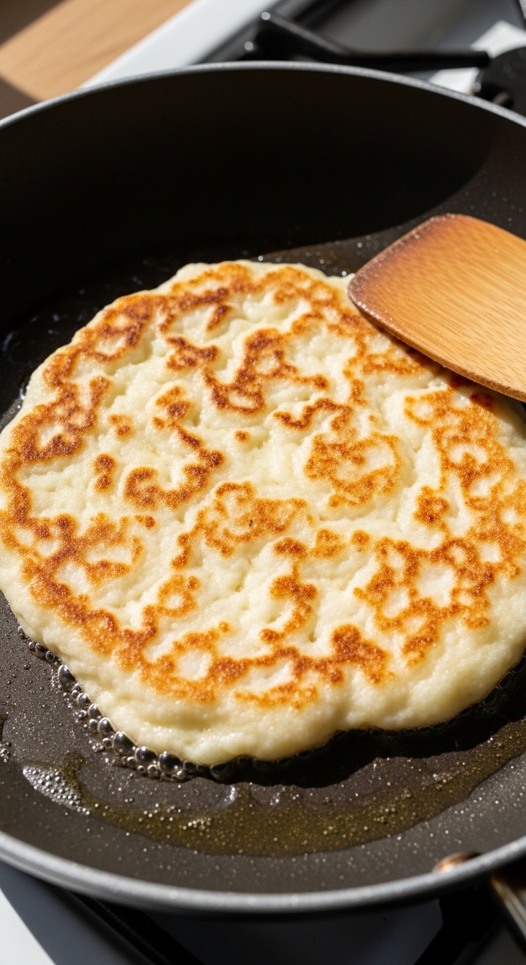 Cottage Cheese Flatbread Browning in Skillet