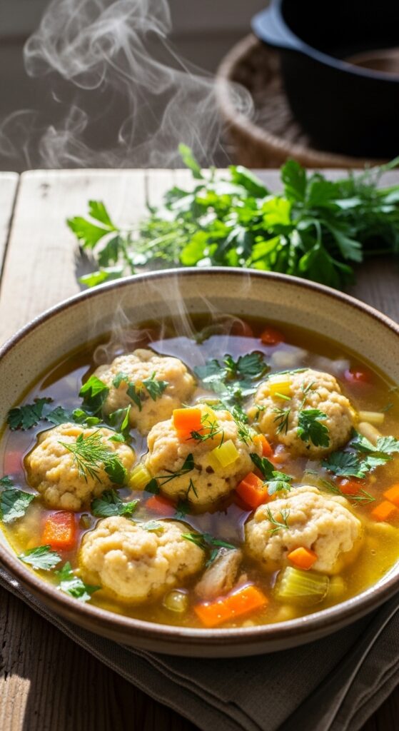 Dumplings Simmering in Homemade Broth