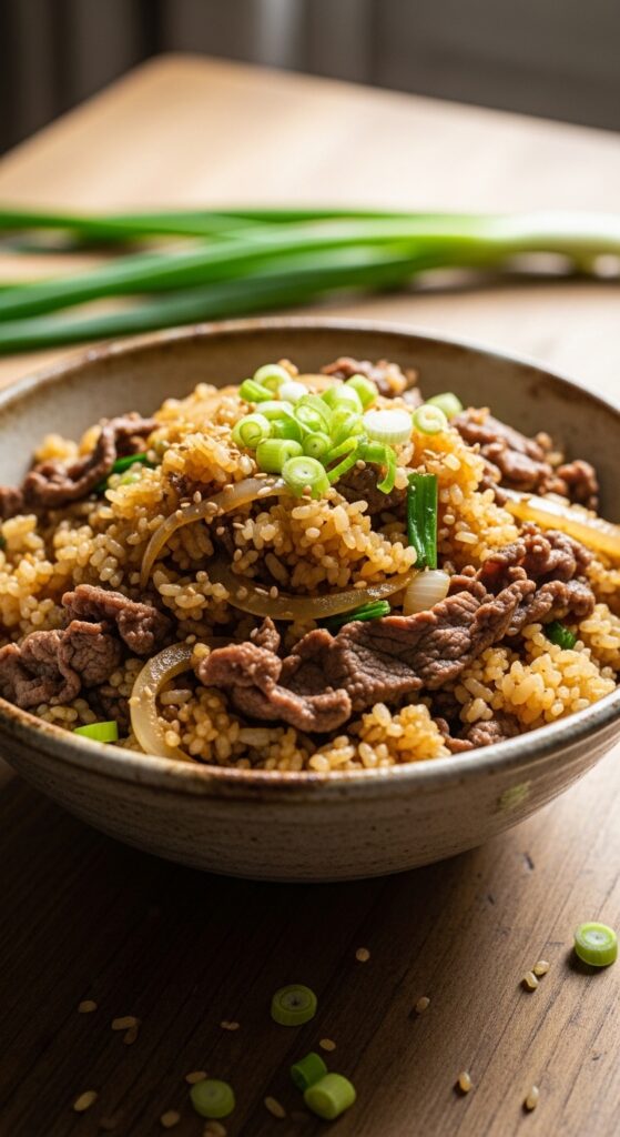 Finished Savory Onion Beef Fried Ric