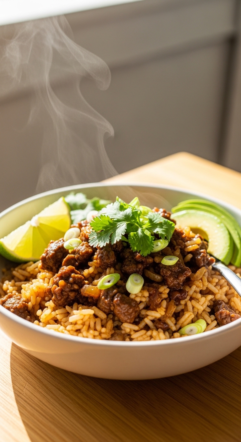 Finished Smoky Honey Chili Beef Rice in Simple Bowl
