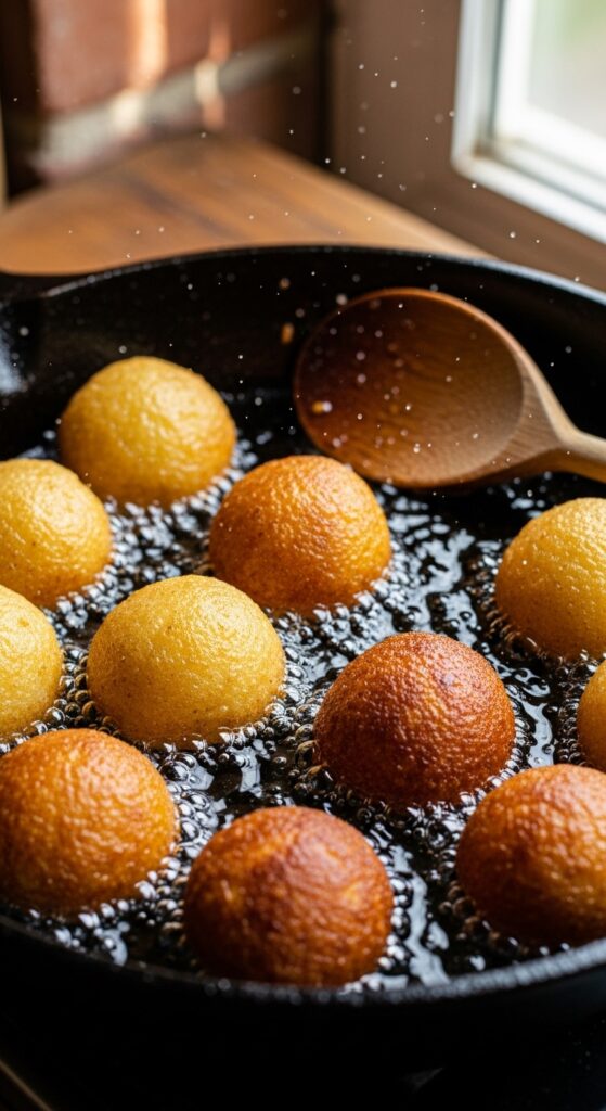 Golden homemade potato balls frying