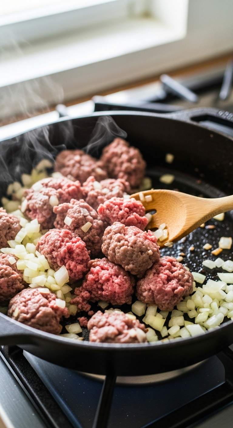 Ground Beef Browning with Onions in Skillet