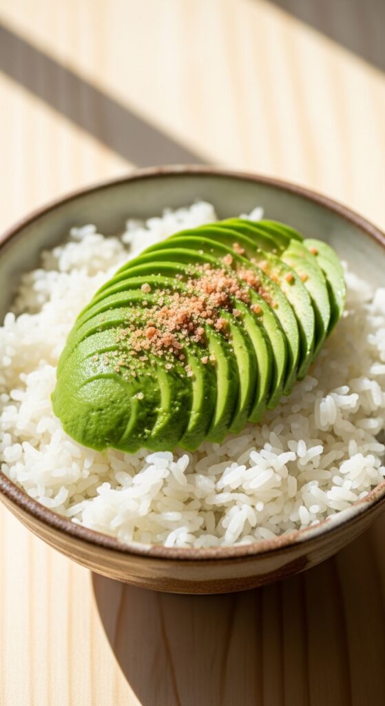 Homemade Japanese Pink Salt on Rice and Avocado
