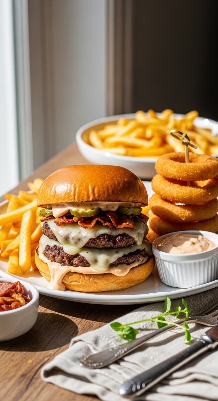 Homemade Smash Burger with Fries and Onion Rings