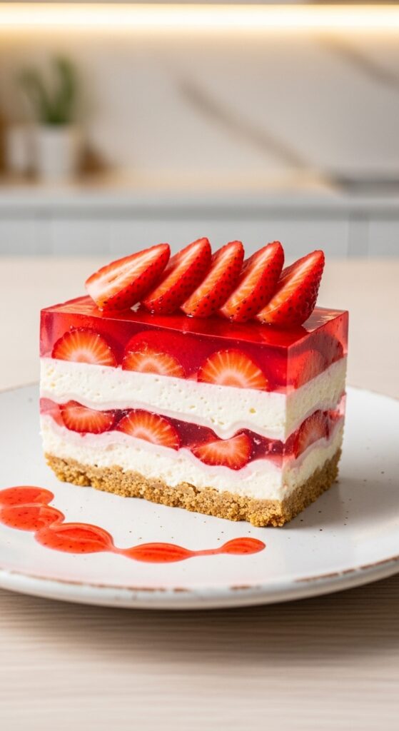 Homemade Strawberry Jello Lasagna Served with Fresh Strawberries