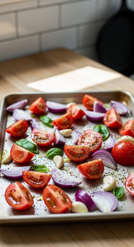 Homemade Tomatoes and Garlic on Baking Tray