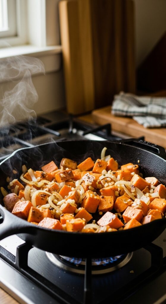 Homemade sweet potato hash cooking