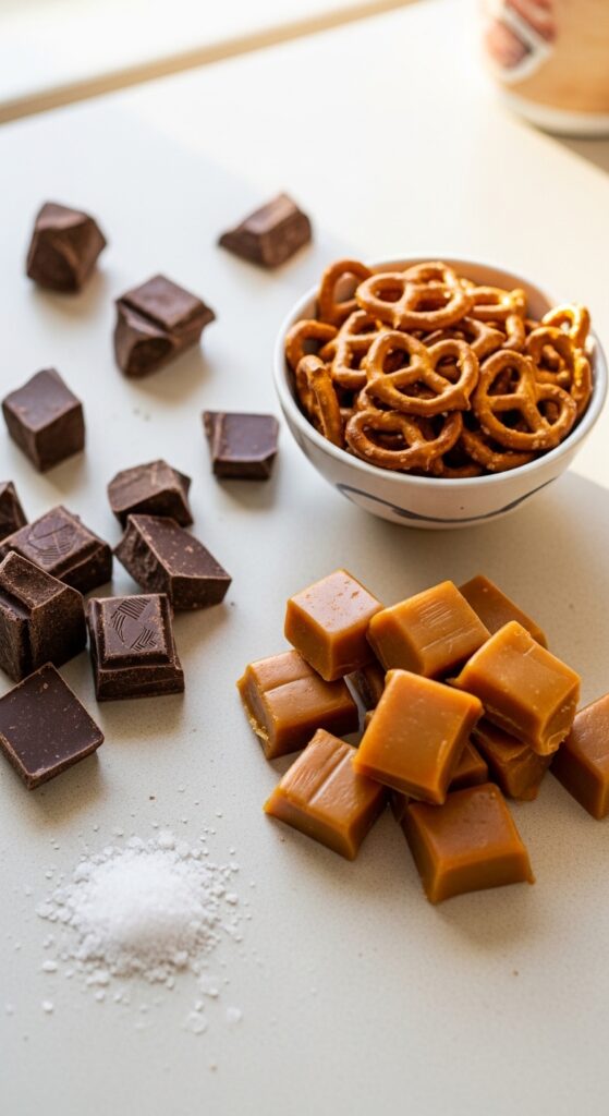 Ingredients for Salted Caramel Pretzel Bark