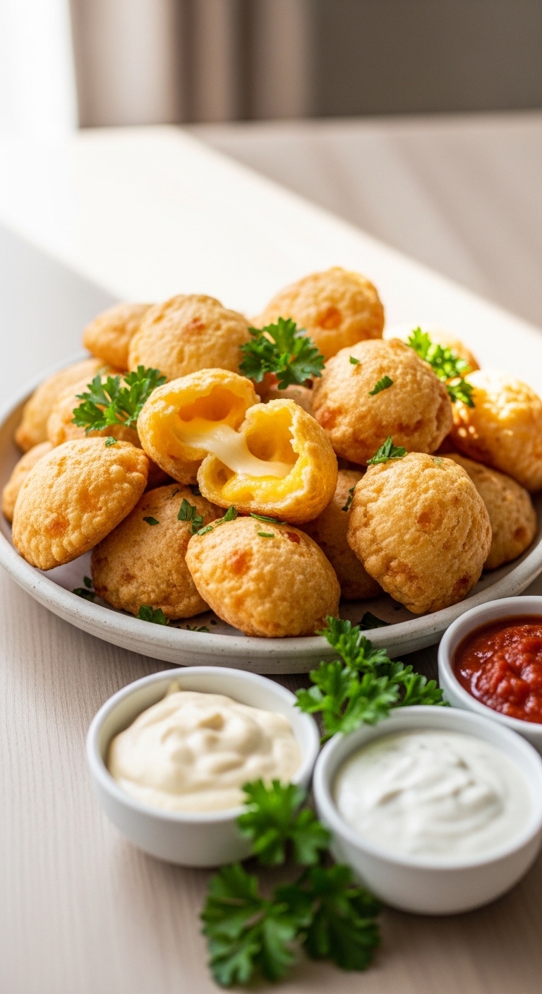 Mashed Potato Cheese Puffs Served with Dips