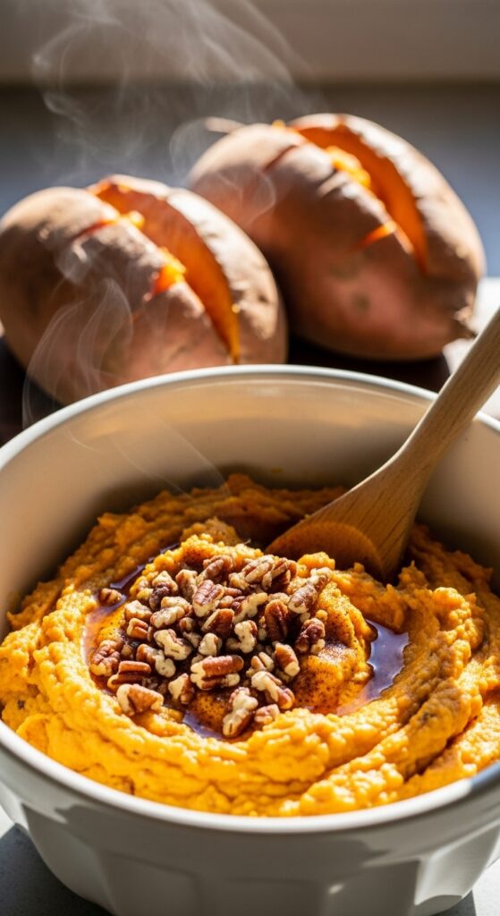 Mashed sweet potatoes in a ceramic