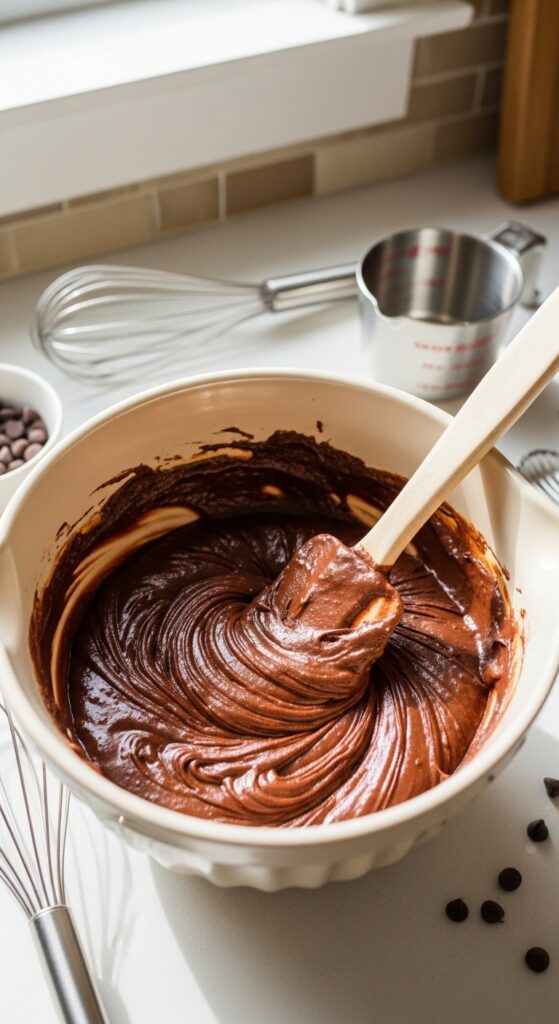Mixing Homemade Dubai Chocolate Cake Batter