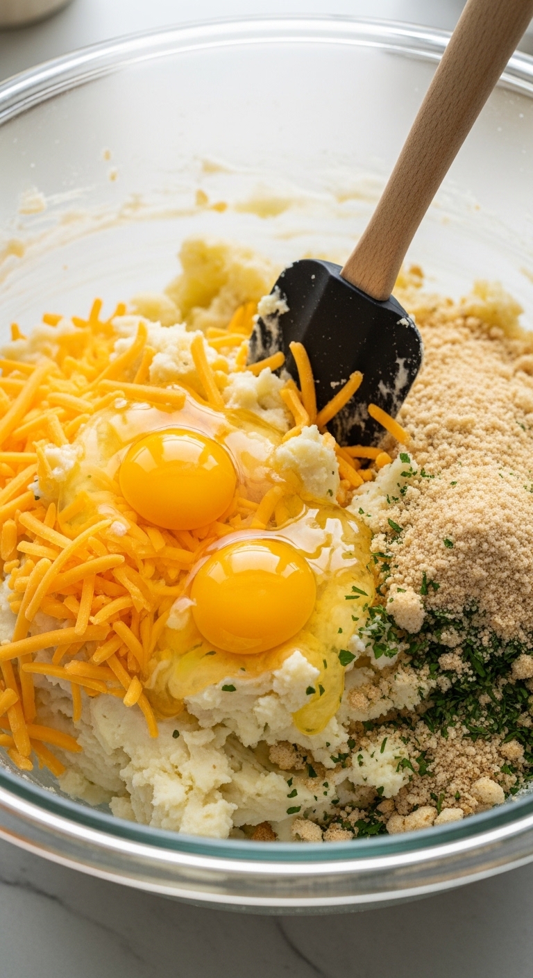 Mixing Mashed Potato Cheese Puff Mixture
