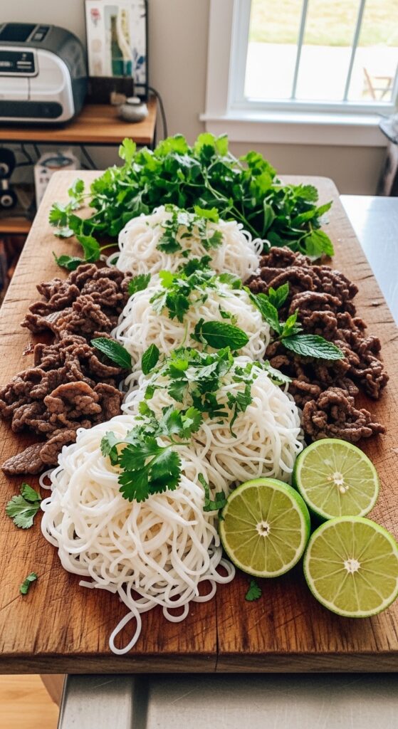 Pho Noodles and Sliced Beef Ready to Serve