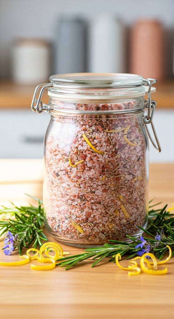 Pink Salt in a Glass Jar with Herbs