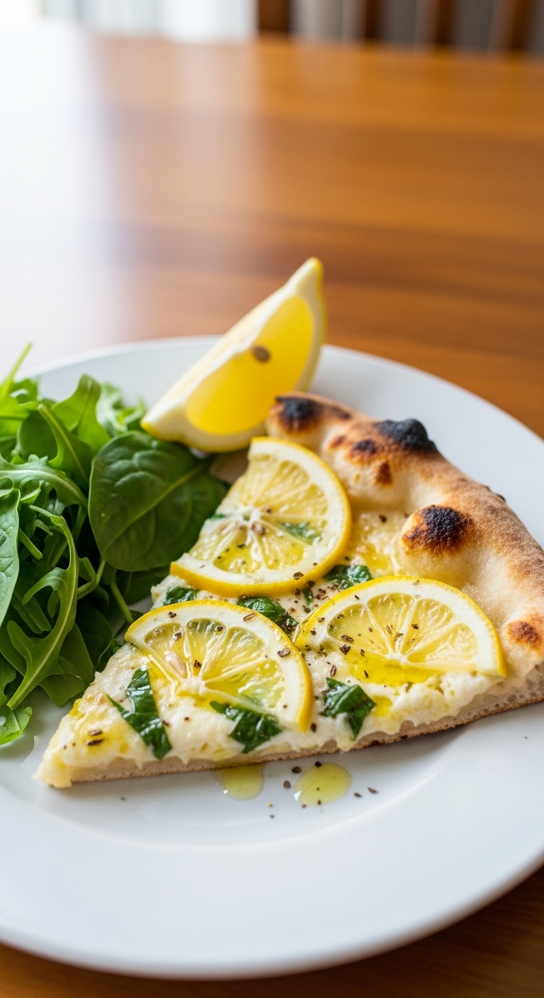 Plated Homemade Lemon Pizza with Fresh Salad
