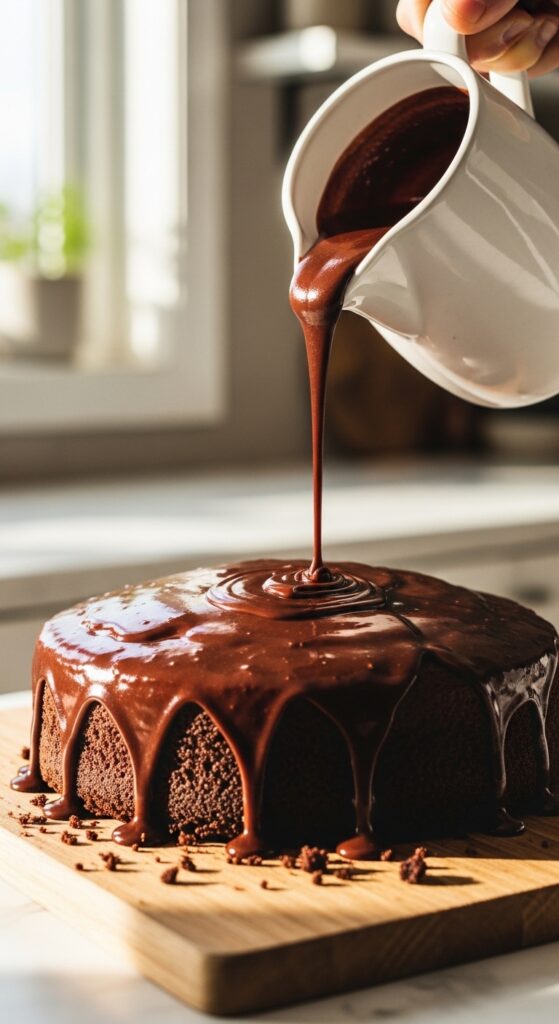 Pouring Ganache on Homemade Chocolate Cake