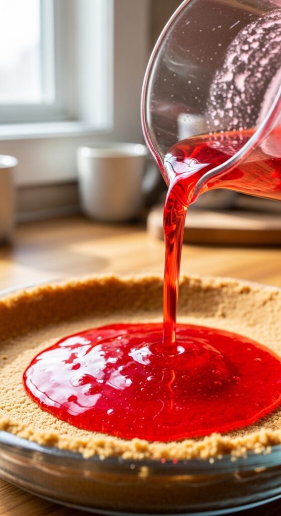 Pouring Strawberry Jello Over Homemade Crust
