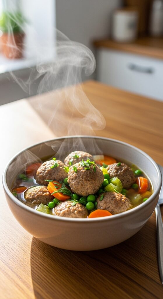 Served Homemade Meatball Soup