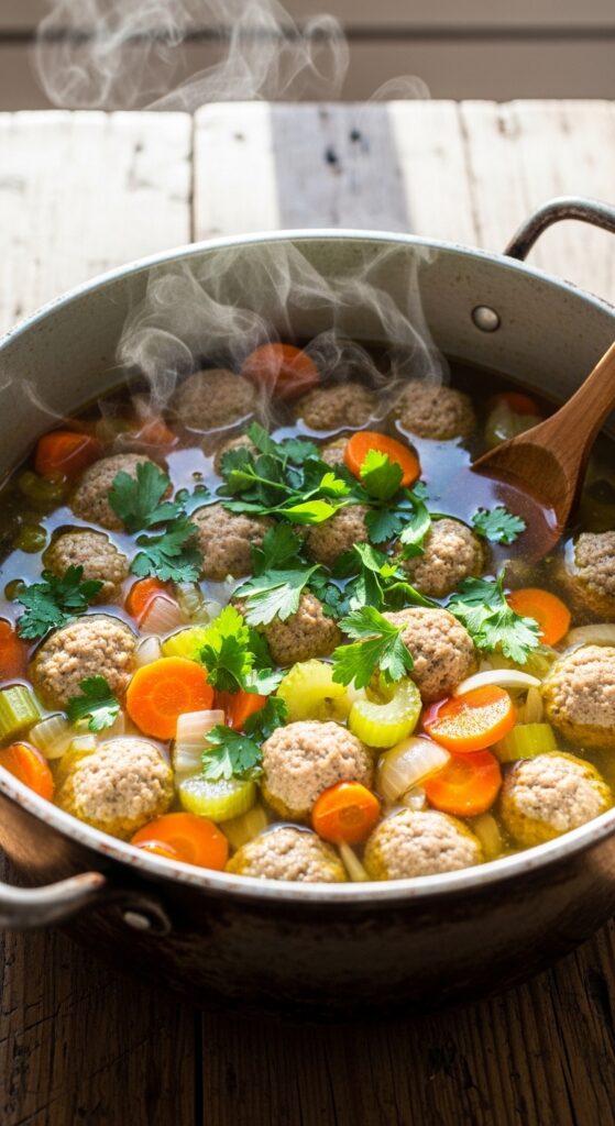 Simmering Homemade Meatball Soup