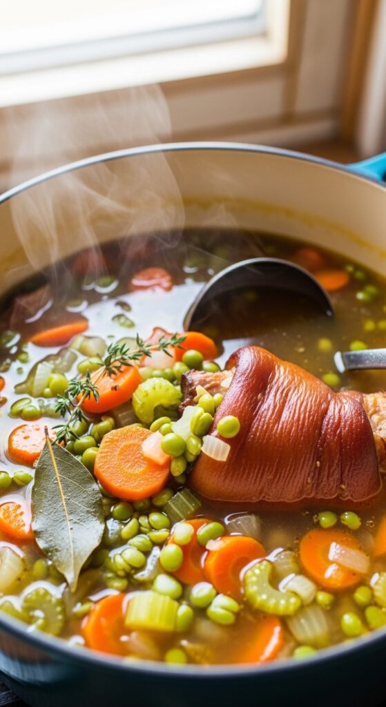 Simmering Split Peas with Ham Hock in Pot