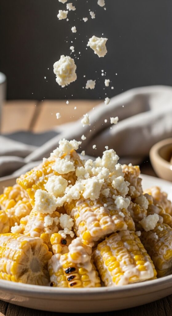 Sprinkling Cotija Cheese on Homemade Corn